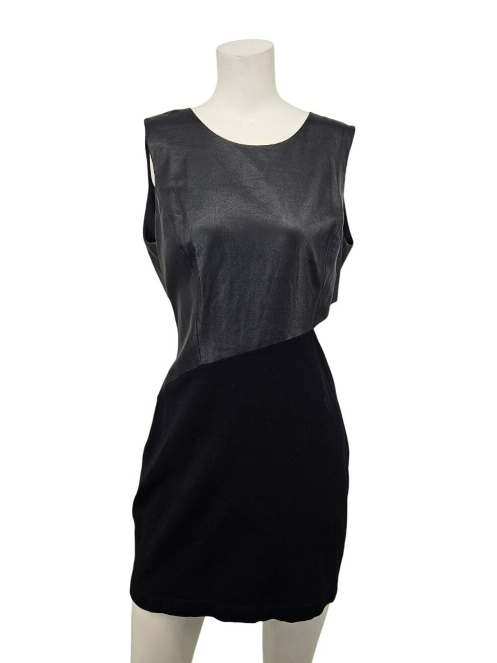 BCBG Maxazria Faux Leather Knit Black Mini Dress With Back Zipper Womens Size M